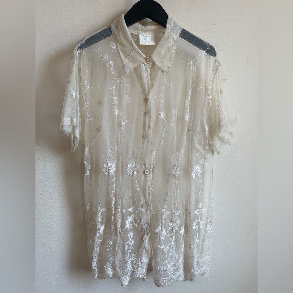 Vintage lace button down blouse shirt India fits size S or XS sheer ivory